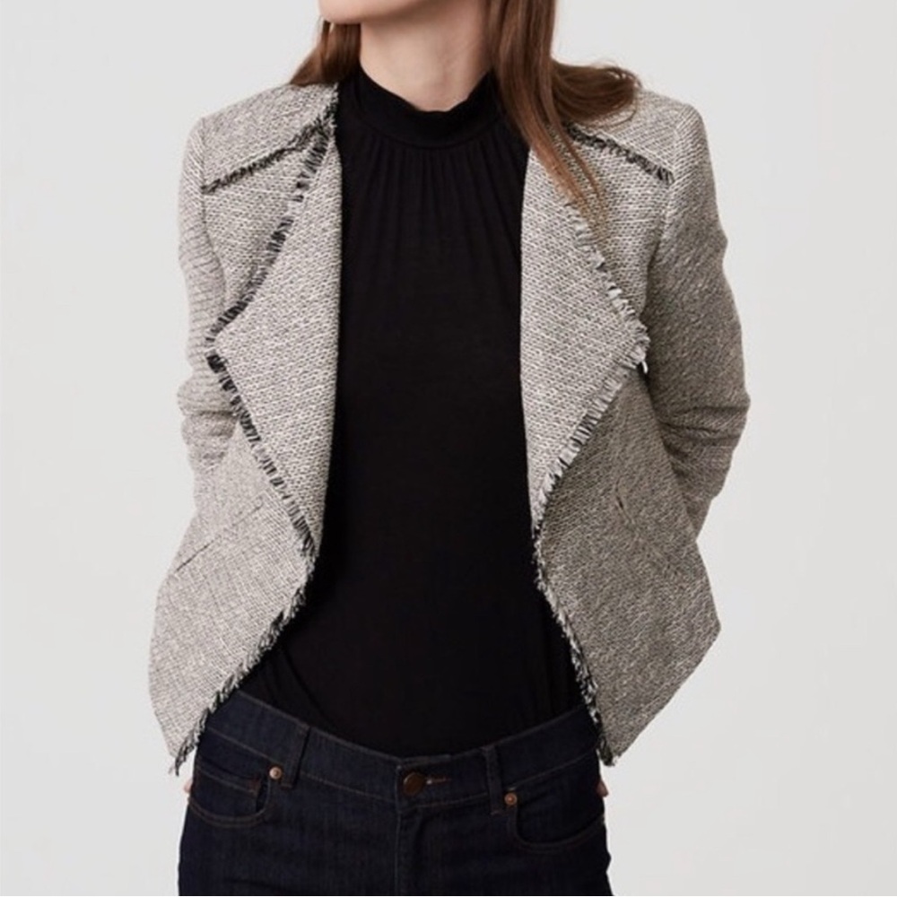 LOFT Women’s Fringe Collar Open Front Tweed‎ Boucle Jacket Gray and Black Sz 14